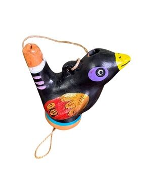 Hand-Painted Black Wood Bird Whistle - Colorful Decorative